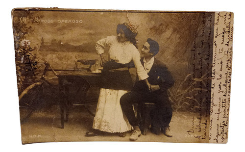 Tarjeta Postal Antigua Foto Pareja Con Bicicleta 0