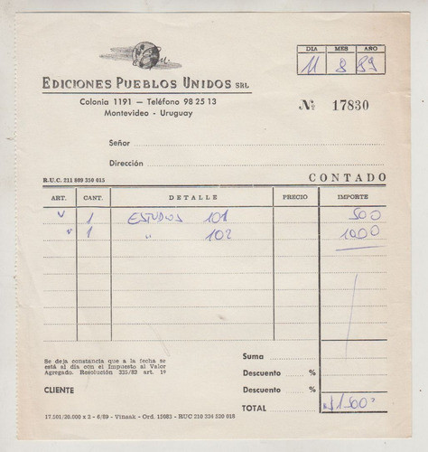 1989 Boleta De Libreria Ediciones Pueblos Unidos Montevideo 0