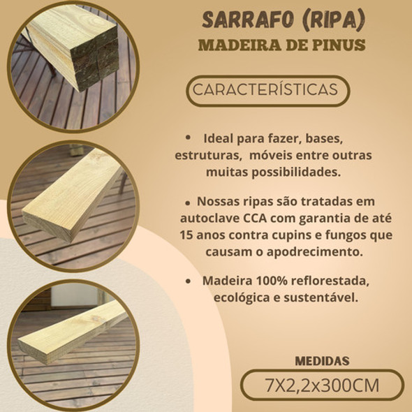 19 Sarrafos / Ripas Madeira De Pinus Tratado 7x2,2x300 Cm 1 19 Sarrafos / Ripas Madeira De Pinus Tratado 7x2,2x300 Cm 1