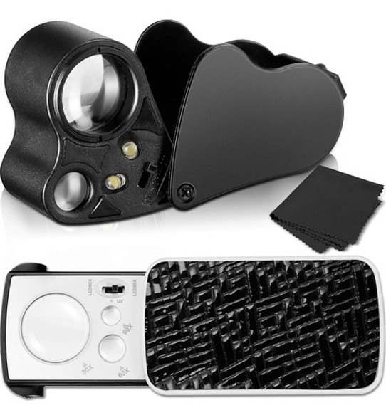 Lupas Ojo Joyero 30x 60x 90x Luz Led Uv Negro 2 Piezas 0