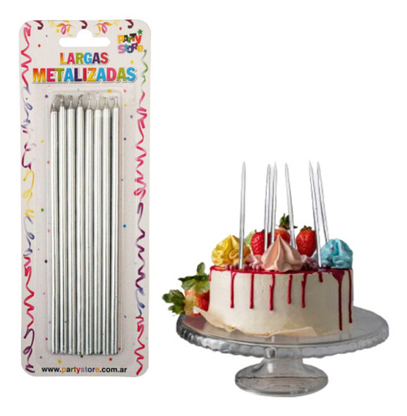 Velas Metalizadas Largas Finitas Cumpleaños Plateada X8 0