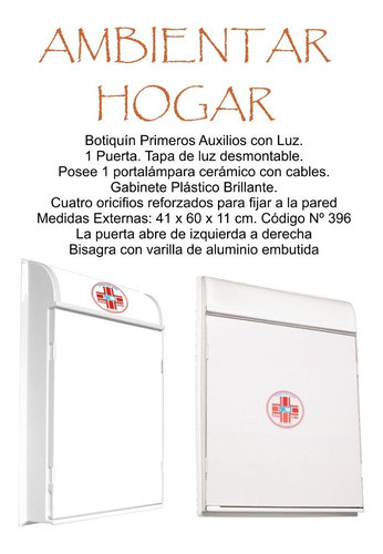 Botiquin Primeros Auxilios Gabinete 1 Pta Y Luz 41x60x11 C1 1