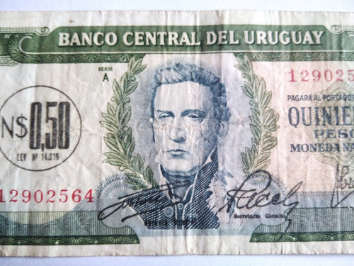 Billete Uruguay 500 Pesos Devaluados A 50 Centésimos 1967 1