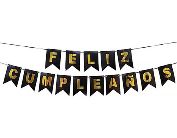 Banderin Feliz Cumpleaños Negro Letras Doradas 0