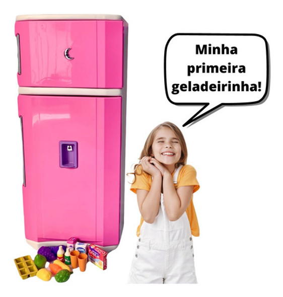 Mini Geladeira Infantil Cozinha Brinquedo Grande Menina Rosa 1