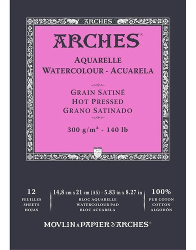 Bloco 14,8x21 300g Arches Grao Satinado 12fls Branco Canson 0