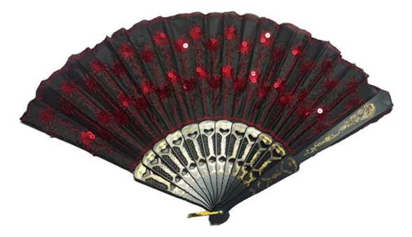 Abanico Negro Estilo Español De Saten Lentejuelas Colores$um 0