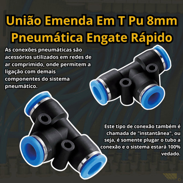 Kit 100 Conexão União Emenda Tee 8mm Pneumática Instantânea 1