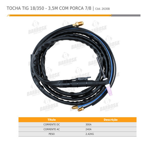 Tocha Tig Refrigerada 18/350 3,5mt Porca 7/8 1