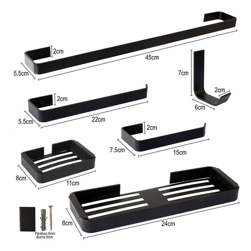 Kit De Acessórios Para Banheiro Preto 8 Peças Linha Stander 1