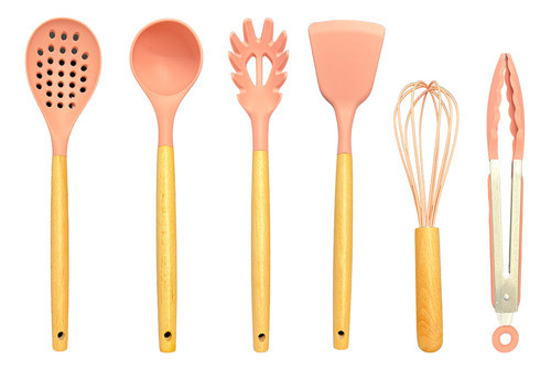 Kit X6 Utensilios De Cocina Mango Madera Punta Silicona Rosa 0