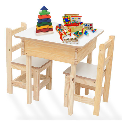 Mesinha Infantil 2 Cadeiras Madeira Educativo Premium C/ Baú 1