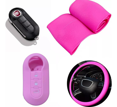 Cubre Volante + Funda Llave Silicona - Fiat Palio Mobi Rosa 0
