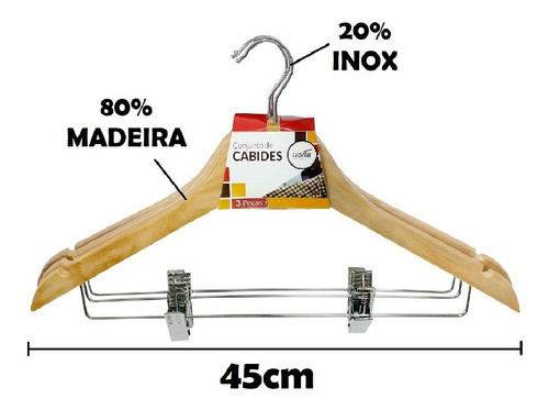 3 Unidades Cabides De Madeira Marfim Adulto Com Presilha 1