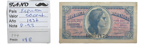 B177 Billete España 50 Céntimos Año 1937 P-93 0