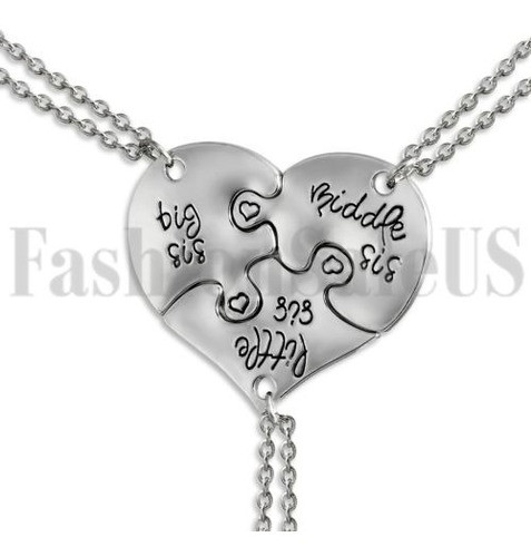 Set 3 Pieza Tono Plata Grande Media Pequeña Hermana Corazón 0