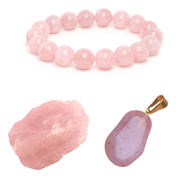Conjunto Com Pingente Pulseira E Pedra Quartzo Rosa Natural 0