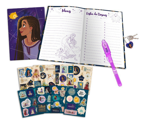 Diario Secreto Disney Wish Asha Set Arte C/candado Lapiz Mag 1