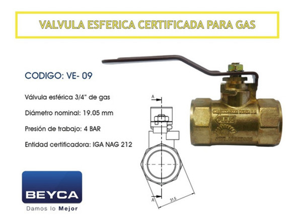 Valvula Llave Esferica Beyca Para Gas 4 Bar Ø 3/4 1