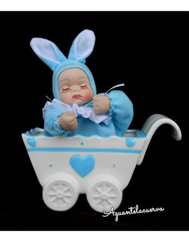 Muñeca De Porcelana Musical A Cuerda En Carrito Celeste 1