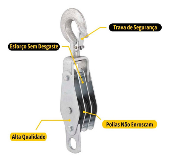 Moitão Duplo Cadernal Elevação 3 Roldanas 45mm 650kg 1
