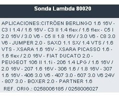 80020 Sonda Lambda Peugeot Citroen 0258006185 0258006027 1
