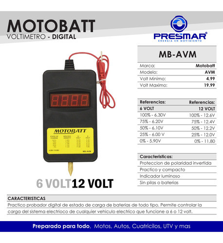 Voltimetro Digital Portatil Motobatt 6-12 Volt 4 Digitos 1