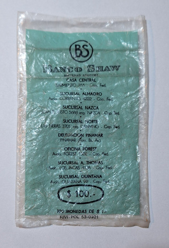 Bolsita Vacía Banco Shaw Para 100 Monedas De 1 Peso 1960 0