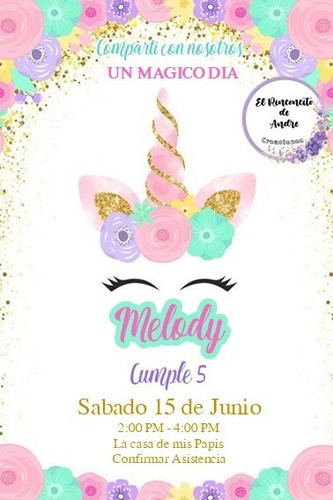Invitacion Impresa Unicornio X20 Personalizada 14x9 0
