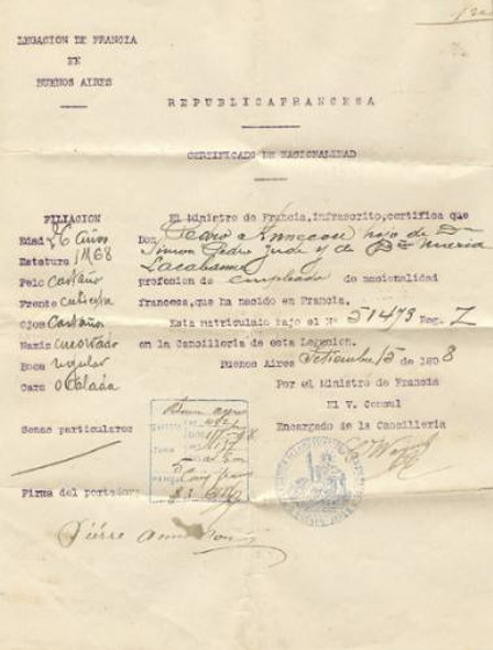 Certificado De Nacionalidad De La Republica Francesa 1898 B4 0