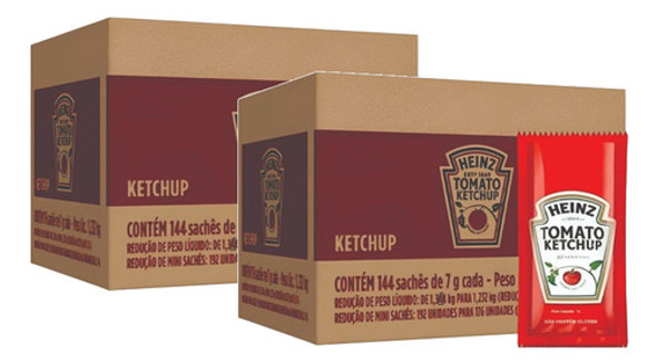 2 Ketchup Em Sachê 7g Heinz - Caixa Com 144 Sachês 1,008kg 0