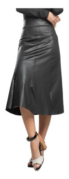 Saia Midi Feminina Cintura Alta Godê Rodada Cirrê Couro Fake 0