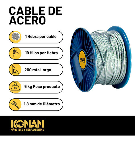 Cable De Acero Galvanizado 1x19 1,8mm 200 Mts Konan 1