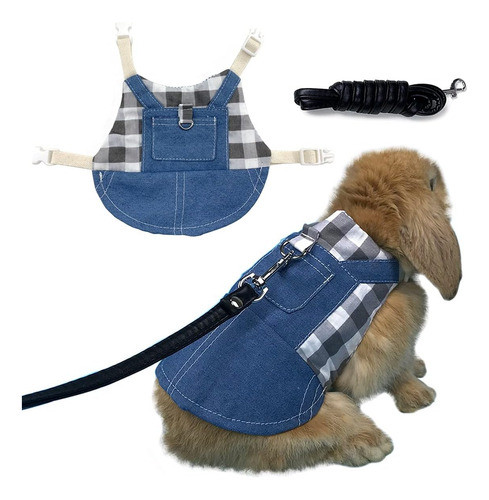 Correa Y Arnés De Denim Azul Con Plaid Blanco 0