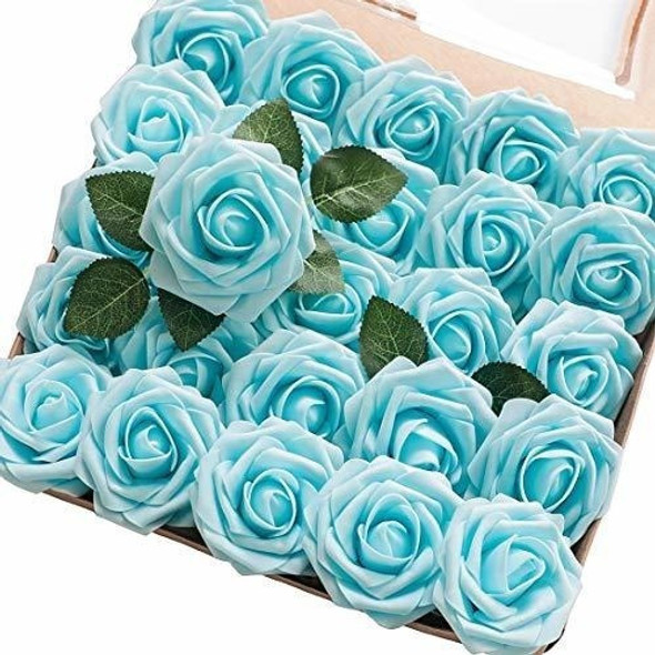 Rosas Artificiales C/tallo Aspecto Realista X25u 7.6cm -aqua 0