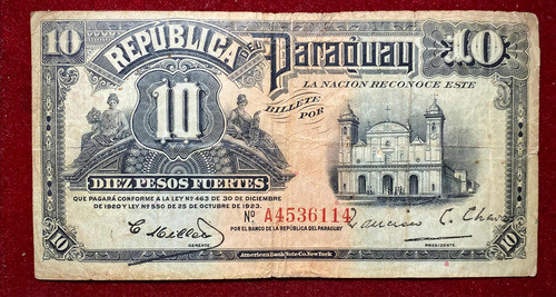 Billete 10 Pesos Fuertes 1923 American Bank Note Paraguay 0