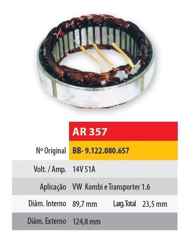 Estator 12v 51amp Volkswagen Fusca/kombi (89,7x124,8x23,5) 0