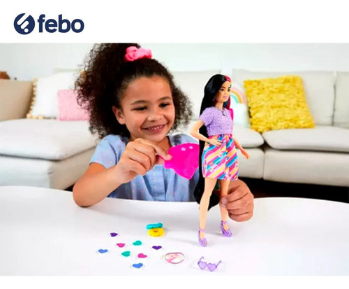 Barbie Muñeca Pelo Negro Con Colores + Accesorios Febo 1