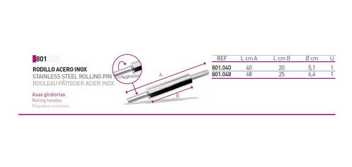 Rodillo Amasar Asas Giratorias Ac. Inox 40cm Pujadas 801.040 1