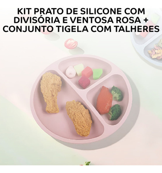 Kit Refeição Bebê Silicone E Bambu Rosa 4 Peças Introdução 1