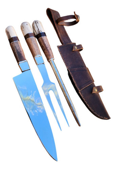 Juego De Asador Triple. Cuchillo, Tenedor, Chaira. Inox 0