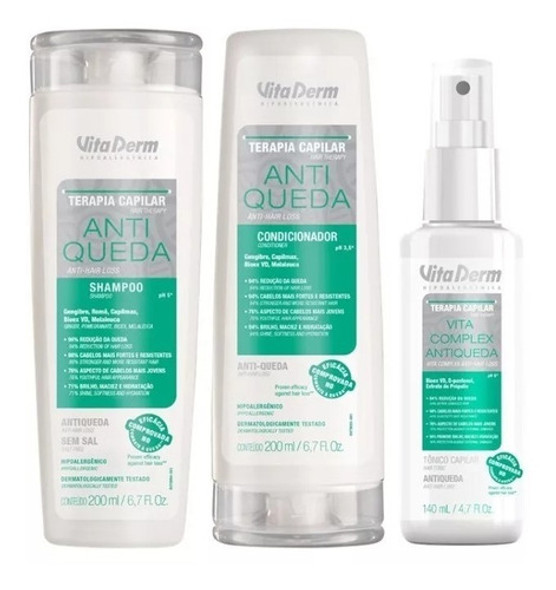 Kit Anti Queda Shampoo, Condicionador E Tônico Vita Derm 0 Kit Anti Queda Shampoo, Condicionador E Tônico Vita Derm 0