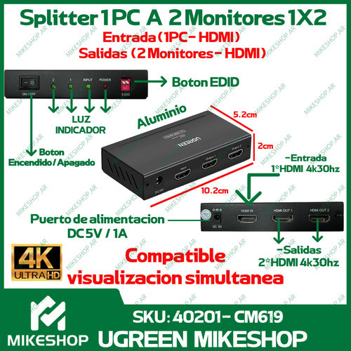 Divisor Hdmi 1 Entrada 2 Salidas Simultánea En Tiempo 4k 30h 1