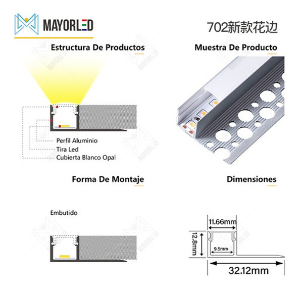 Perfil Aluminio Modelo 702 10m Embutir  Mayorled 1