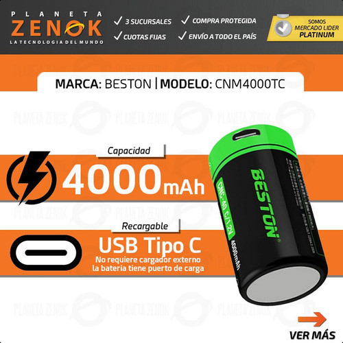 Pila Recargable Grande Tipo C 1.2v 4000mah Cable Usb Beston 1