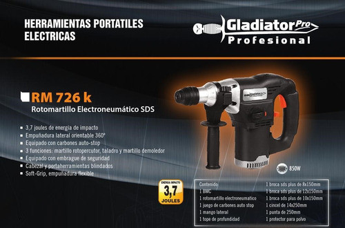 Rotomartillo Demoledor Gladiator Rm726k 3.7j 850w 1