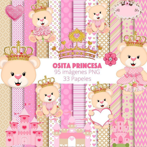 Kit Osita Princesa Corona Cliparts Png + Papeles Fondos 0