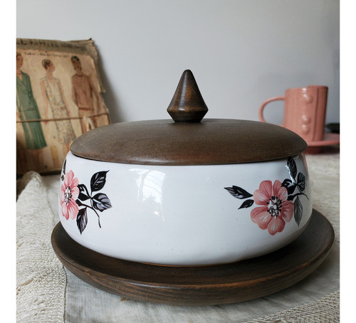 Antigua Dulcera O Quesera Cerámica Vidriada Y Madera 1