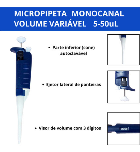 Micropipeta Vol. Variável Autoclavel 5-50ul + 1000 Ponteiras 1
