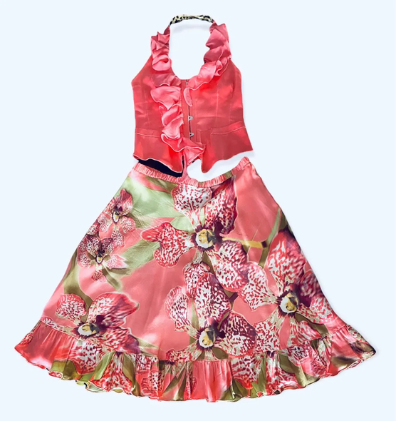 Roberto Cavalli Silk Top & Skirt Set – Orchid Print with Gold Accents | Original, Used